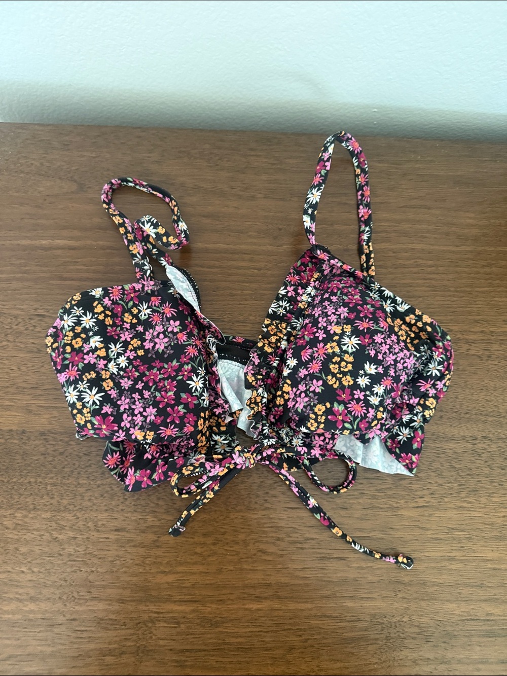 Floral Tie-Front Bikini Top - Black with Pink & Yellow Flowers